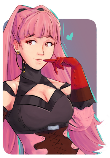 Waist-up of a pink-haired woman